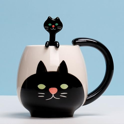Xfeyaqlo Tazza ceramica con Cucchiaio - Tazze caffe, Latte, colazione - Animale Simpatico Cartone Animato Dipinto a Mano - Gatto nero