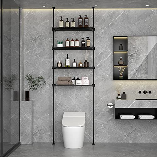 XIHUAN Verstellbar über dem WC-Aufbewahrungsboden bis zur Decke, freistehender Badezimmer-Organizer über WC-Regal mit Spannstangen, 4-stöckiges Metallregal, schwarz