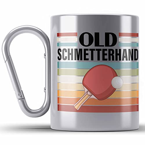 Trendation - Tischtennis Schmetterhand Edelstahl Tasse Karabiner Geschenk Tischtennisspieler Geschenkidee Lustig für Männer Tischtennis Zubehör (Silber)