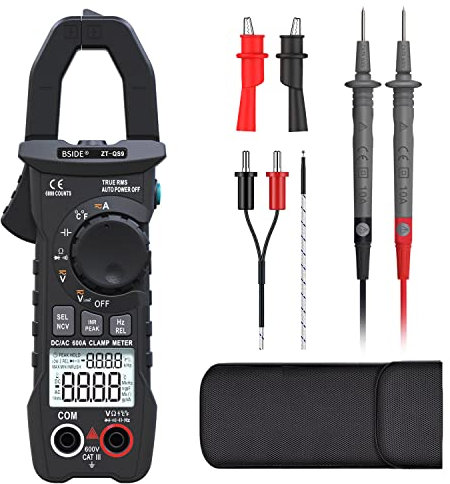 BSIDE Pince multimètre 600 A CC True RMS - Multimètre automatique - Courant d'appel - Température - Diode - Contrôle en direct - Testeur de tension faible impédance - Noir