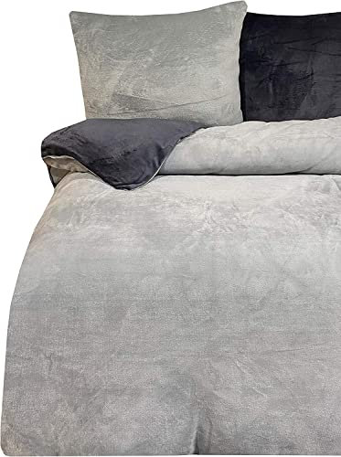 one-home Winter Bettwäsche 200x220 cm Teddy Plüsch Nicki Uni grau warm Fleece Doppelbett