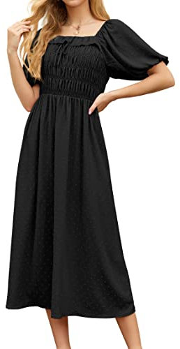 GRECERELLE Womens Summer Casual Midi Maxi Dress Square Neck Half Sleeve Ruffled Backless Smocked Elastic Waist Swiss Dot Cocktail Long Dresses for Ladies (Black, L)