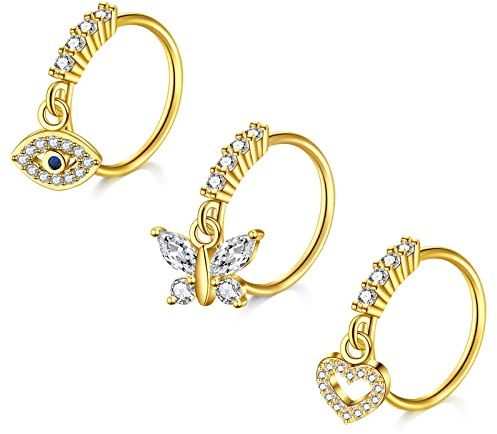Mayhoop Nasenring 20G Nasenpiercing Hoops Goldene Augen Schmetterling Herz CZ Knorpel Helix Ohr Piercing Schmuck für Frauen Männer 3Stk