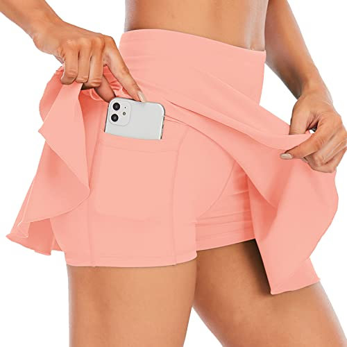 Tennisrock Damen Golf Skort Mit Hose Faltenrock Kurz Skirt Gefaltete Skater Rock mit Taschen für Laufen Yoga Fitness Sport Rosa XS