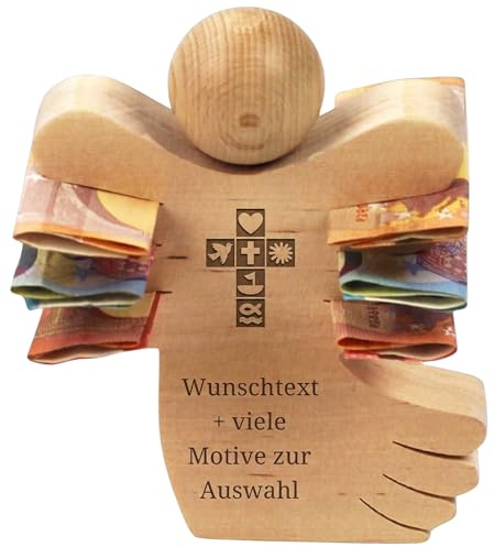 Holzengel mit Gravur - Name, Datum, Spruch + Motiv - Engel aus Holz als personalisiertes Geschenk zur Taufe, Kommunion, Konfirmation, ideales Geldgeschenk für Jungen und Mädchen