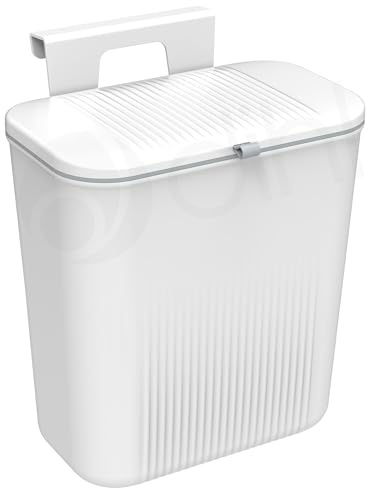 Dihl 9 Litre Hanging Trash Bin with Lid, White | Wall Mounted, Kitchen Compost Bin, Plastic Rubbish Bin Wastebasket, For Under Cupboard, Cabinet Door, Bedroom, Offices