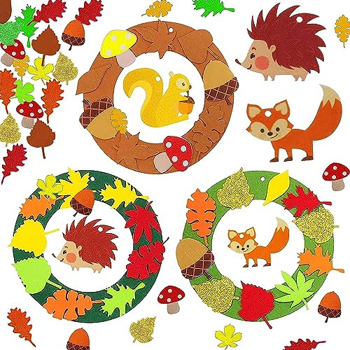 KOIROI Herbst Kränze Bastelset, 6 Stück Herbst Basteln Kinder Set, Filz Bastelset für Deko mit Eichhörnchen, Fuchs, Igel für Bastelprojekte, Aktivitäten in Schule, Dekorieren in der Herbstzeit