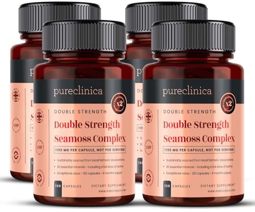 Pureclinica Double Strength Seamoss Complex - 1155mg x 480 Capsules (4 Bottles of 120) - 16 Months Supply – with 500mg Seamoss, 500mg Bladderwrack & 150mg Burdock Root