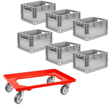 SSI Schäfer EuroBox ELB 4220 grau 6er Set 40x30x22cm mit Rollwagen | 6x Aufbewahrungsbox Kunststoffbehälter 20,4L gebraucht inkl. neuem Transportroller belastbar bis 300kg, stapelbar