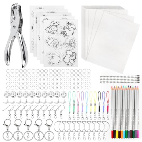 MXTIMWAN 208 Stück Schrumpffolien Set, 20 Leeres Schrumpfpapier, 5 Schrumpfkunstpapier mit Muster, Locher, Buntstifte, Schlüsselanhänger Zubehör, Schrumpffolie Set für Kinder, DIY Handwerk