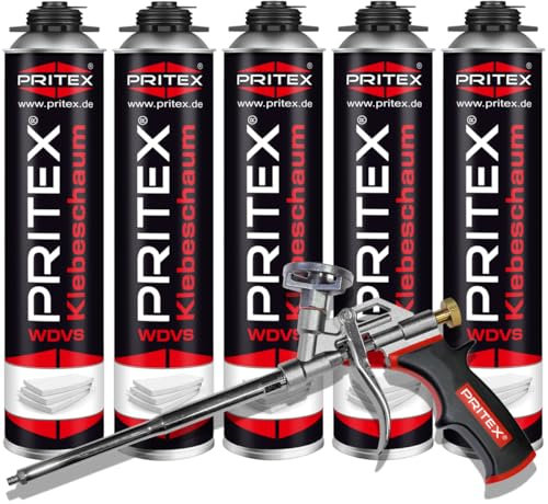PRITEX – WDVS Klebeschaum Set 5 x 750 ml inkl. Schaumpistole zum Isolieren, Fixieren & Befestigen – Bauschaum Dämmstoffkleber mit sehr guter Haftung, geringer Nachdehnung