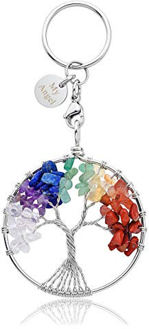 Jovivi Portachiavi con Grande Ciondolo Albero della Vita Bomboniere in Pietre Naturali, 7 Chakra Portachiavi Cristalli Curativi, Ricordo Regalo Portafortuna per Lei Amici Mamma (Text Incisione)