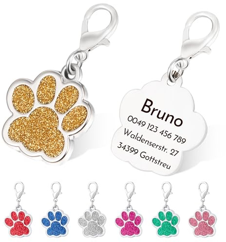 2er Pfotenform Hundemarke mit Gravur Glitzerpfote Plakette Gold Tiermarke Personalisierte Hundehalsband-Anhänger Adressanhänger für Hunde und Katzen
