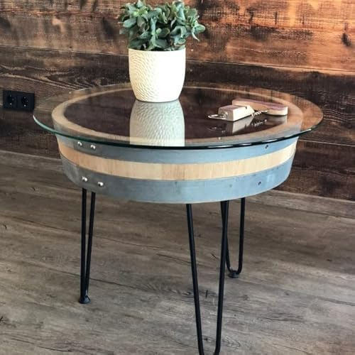 Fass-Schmiede Weinfass Couchtisch Rotwein mit (70er) Glasplatte Dreibein Sofatisch Beistelltisch (Mittel: 50 cm, Rustikal)