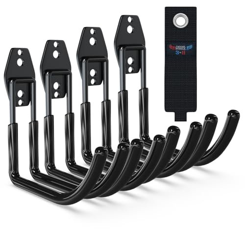 3-H Ganchos de Garaje Resistentes en J, Paquete de 4 Ganchos de Almacenamiento de Garaje de Acero, Soporte de Pared y Organizador de Herramientas, Cuerdas, Cables(negro)