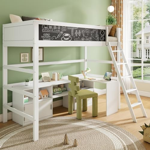 Ymkua Etagenbett, Hochbett, 90x200 Kinderbett, Einzelbett für Kinder, Holzbett mit Lattenrost und Stauraum, Hausbett mit Beweglicher Tisch & Brett & Kritzelbrett & Stauschrank, Weiß, Ohne Matratze