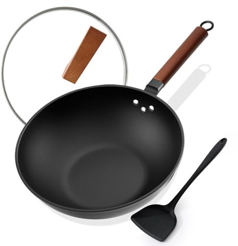 Kordisen Wok Antiaderente 33 cm/5,6 L con Coperchio, Senza Rivestimento Chimico, Wok Pre-stagionato, Adatto a Induzione/Elettrico/Gas