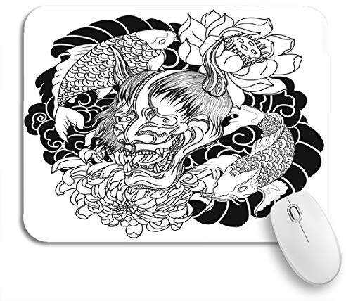 Gaming Mauspad Japanische Dämonenmaske Und Karpfenfisch Tattoo Oni Chrysantheme Laptop Schreibunterlage Waschbar Weiches Office Mauspad, Für Computer, Laptops, 25 x 30cm