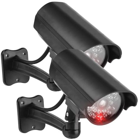 Sporgo Fotocamera finta 2 pezzi: Dummy telecamera di sorveglianza esterna con luce a LED rossa lampeggiante, telecamera di sorveglianza atrappe finta telecamera di sicurezza per interni ed esterni