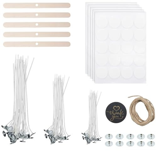 lafo Kerzendocht 100 Stück Kerzendochte Cotton Candle mit 100pcs Docht Aufkleber 5pcs Holzfixierer 10pcs Halter aus Metall für Kerzen Selber Machen（10/15/20cm）