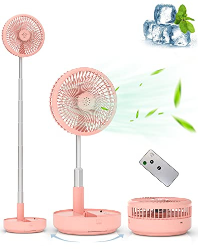 Primevolve Ventilador oscilante portátil de pie, recargable por batería, ventilador USB de mesa con control remoto, ventilador para dormitorio, camping, viajes, rosa, 19,6 cm