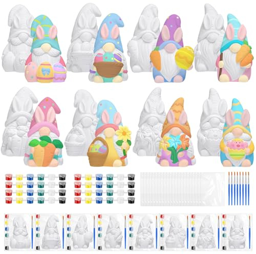 Foilswirl 8 Pcs Spring Gnome Ceramics to Paint Ready to Paint Your Own Ceramic Gnome Statues Spring DIY Unpainted Ceramics Paintable Figurines Kit Crafts with Brush Palette