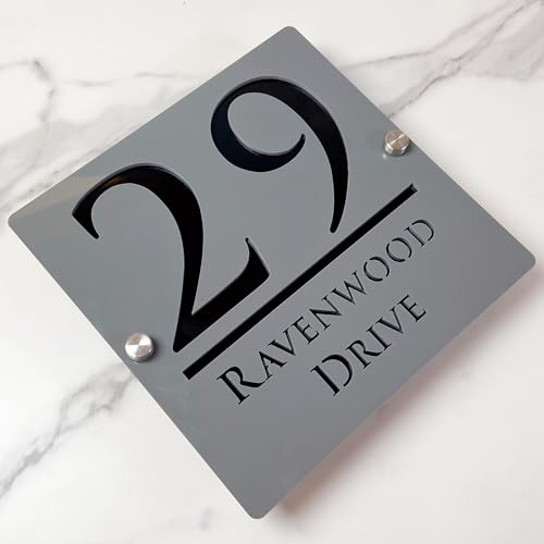Personalisiertes 3D-Acryl-Hausnummernschild mit modernem Schriftzug, Adressschild für Geschäfte, Türschild (Grau & Schwarz)