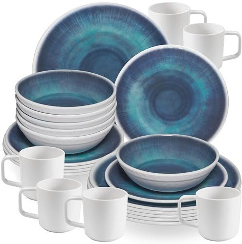Melamin Geschirr Set Jesolo Blau 6 Personen 24 Teile 90°C-Tassen Camping