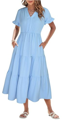 Theenkoln Abito estivo da donna, lungo, con scollo a V, a maniche corte, in tinta unita, con volant, per il tempo libero, con tasche, Celeste., M