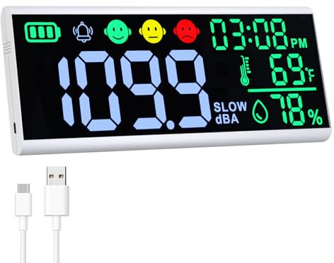 Decibel Meter 13 Sound Decibel Meter Display Time Temperature Humidity, Wall Mounted and Desktop Sound Level Meter with Buzzer Alarm Icons Indicator, Noise Meter for Classroom, Studio, Home, etc.