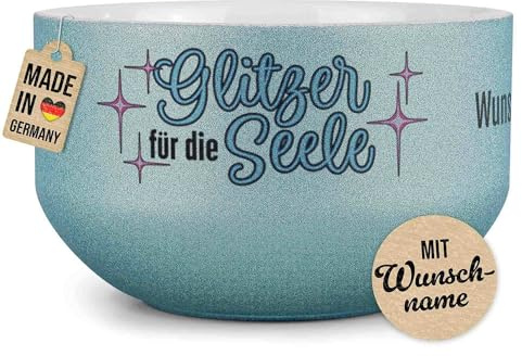 Print Royal PR Glitzer Müslischale mit Name selbst gestalten - Glitzer für die Seele - Personalisierte Schüssel bedrucken - Individuelle Geschenke für Freundinnen - Keramik, Blau 500 ml