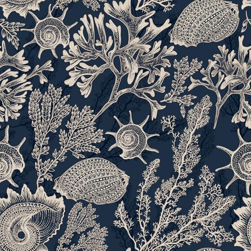 FunStick Papier Peint Adhesif Mural Bleu Salle de Bain Papier Peint Mer Coquillage et Mer Corail Algues Vinyle Adhesif pour Meuble Bleu Marine Papiers Peints Autocollant Mural Chambre Motif 44.5CMx3M