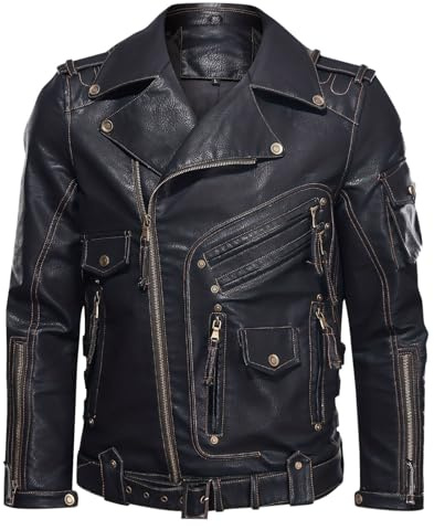 Giubbotto di Pelle Uomo, Leggera Sottile con Tasca sulle Maniche Giubbotto Bomber Giaccone Giacca Chiodo Pelle Biker Motociclista Giubbotto Moto Uomo Pelle Giacca Lunga Soffice E Resistente
