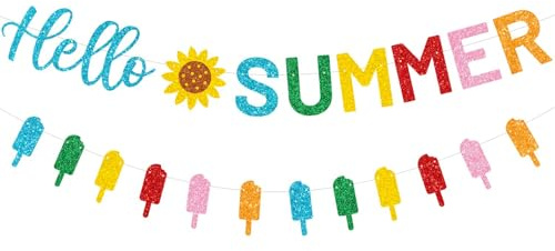 Hello Summer Banner, Sommer Party Dekoration, Hawaii Party Banner, Beach Party Deko, Geeignet für Geburtstagsdekorationen mit Sommer-, Strand- und Hawaii-Pool-Thema(C)