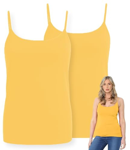 janisramone® Dam Cami Strappy Bodycon Linne, förpackning med 2 Ärmlösa Scoop Neck Väst Toppar Kvinnor UK, Stretchig, Slim Fit Gym Wear, Plain Casual Sommar Damer Camisoles, Senap, 8-10