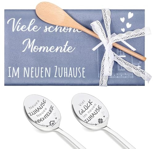 Einweihungsgeschenk Haus, Geschirrtuch mit Spruch Neuen Zuhause Geschirrtuch zum Einzug + Holzlöffel + 2 Kaffeelöffel Geschenk aus für Umzug Neues Zuhause Wohnung Geschenk(Viele Schöne Momente)
