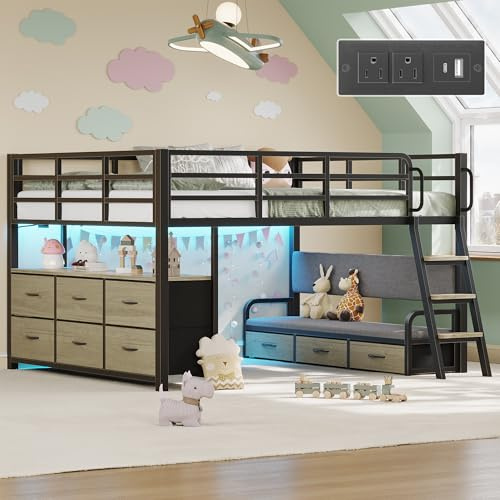 busyaeh Full Size Loft Bed with Desk and 9 Drawers, 15.8 High Guardrail Low Loft Bed for Kids, Heavy Duty Metal Bed Frame with LED Lights & Charging Station, Kids Loft Bed Space-Saving, Oak Gray