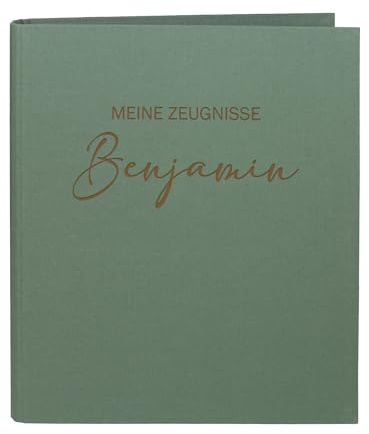 Striefchen® Personalisierte Zeugnismappe für Kinder mit Gravur – DIN A4 Ringordner mit Leinenstoff – 5 Farben – Name individuell gravierbar – Dokumentenmappe „Meine Zeugnisse“ (Grün)