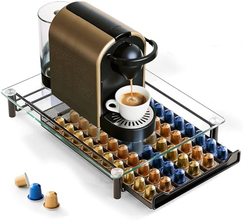 OZD for 60 Nespresso Coffee Pod Holder, Coffee Pod Storage with Glass Top | Coffee Machine Stand with Crystal Tempered Glass, Space Saving, Black