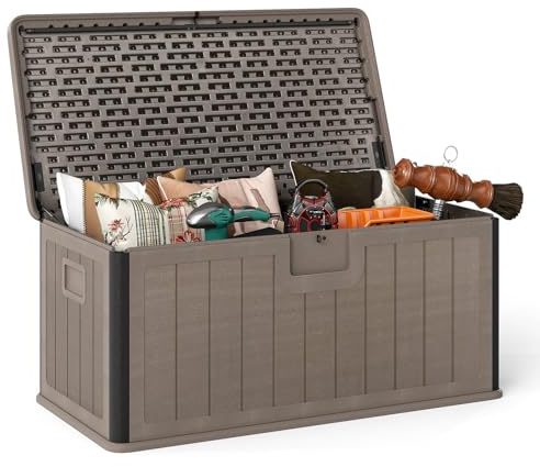 GOPLUS 378 L Gartenbox, Auflagenbox wasserdicht, Aufbewahrungsbox mit abschließbarem Deckel & Griff, Kissenbox für Garten, Gartentruhe für Terrasse, Poolzubehör & Gartengeräte (Braun)