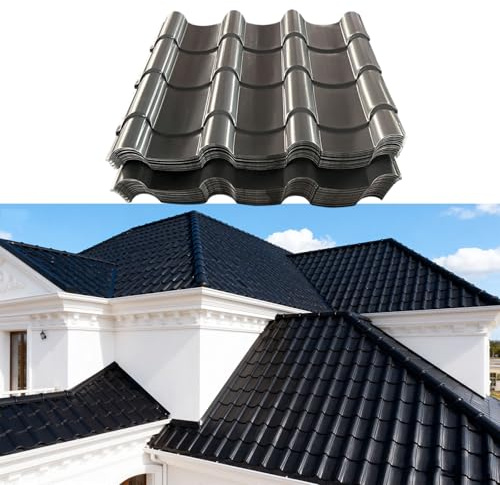 Tejas metálicas asfálticas, paneles aislantes de techo de alta resistencia, paneles corrugados de aluminio al 99%, tejas para exteriores, almacenes, establos, patios(Black 76.5x50cm,10pcs)