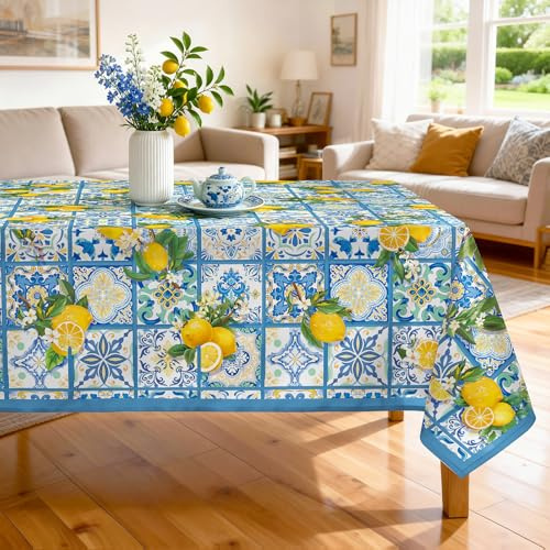 Arquiel Lemons Tablecloth Washable Rectangle Blue, 139.7x177.8 cm | Washable Reusable Water Resistant Table Cloth with Italian Lemon Print for Spring Summer Dining, Kitchen, Party Decor
