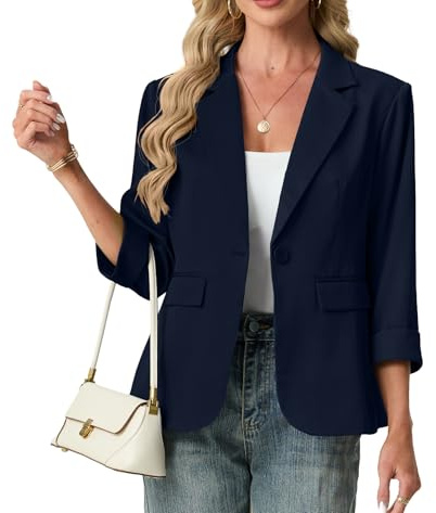 GRECERELLE Blazers for Women Suit 3/4 Sleeve Ladies Jackets Elegant Formal Notched Lapel Cardigans Office,Work,Wedding Coats Causal Outerwear with Pockets, Buttons