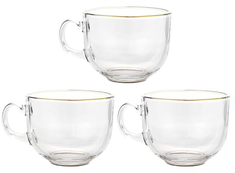 MUELODSIC Set 3 Tazze da Caffè in Vetro Trasparente Bordo Dorato Tazze da Latte per Colazione Bicchieri da Bere per Casa Ufficio e Bar