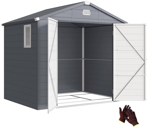 Outsunny Abri de jardin en résine 4,6 m² avec kit de fondation galvanisé structure en aluminium 240 x 190 x 228 cm, cabane de jardin cabanon rangement outils avec portes à loquet 3 fenêtre, gris foncé