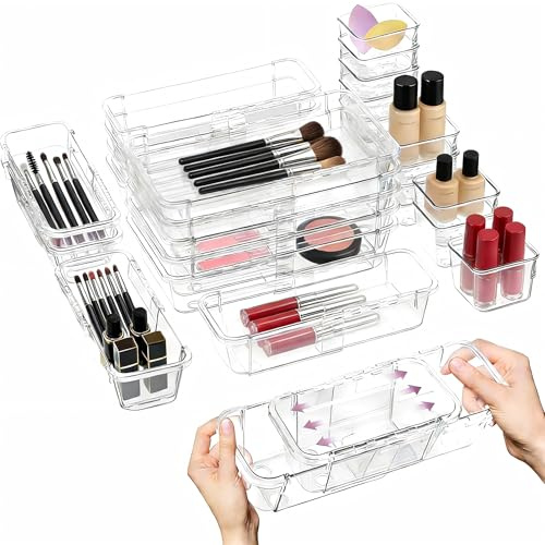 eupdd Schminktisch Organizer: 25 Stück 3 Größen Schminktisch Organizer für Schublade, Ausziehbar und Transparent, Make Up Aufbewahrung für Badezimmer, Bureau, Cuisine, Cosmétiques, Bijoux
