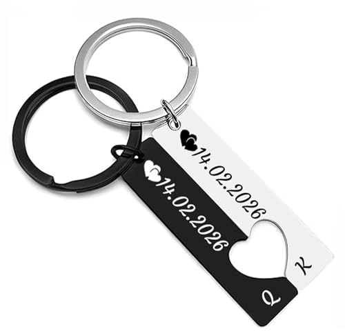 Set de Porte-Clés Cœur Personnalisé pour Couple (2 Pièces) - Gravure avec Date et Prénoms - Cadeau d'Anniversaire, Saint-Valentin ou Fiançailles - Porte-Clés Assortis