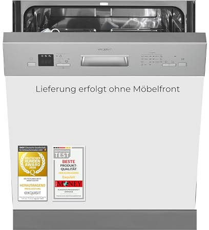 Exquisit EGSP56312 Einbau-Geschirrspüler - Teilintegriert 60 cm, 12 Gedecke | Spülmaschine mit 7 Programmen, Aquastop und Startzeitverzögerung. Inox-Blende, Halbe Beladung sowie LED-Display.
