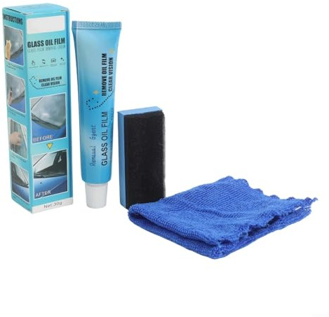 Dissolvant pour vitres de voiture - Pour nettoyer et polir le pare-brise - Taches d'eau, goudron et graisse - Avec éponge, serviette et