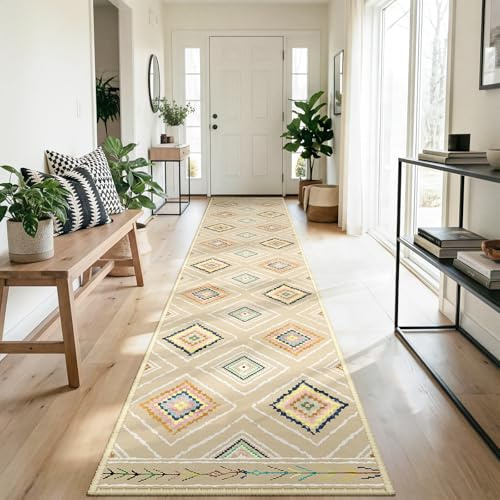 DEFYNEE Teppich Läufer Flur 60 x 300 cm, rutschfest Küchenläufer, Kurzflor Teppichläufer, Waschbar, Faltbar, Boho Design – für Flur, Küche, Wohnzimmer & Büro, Beige